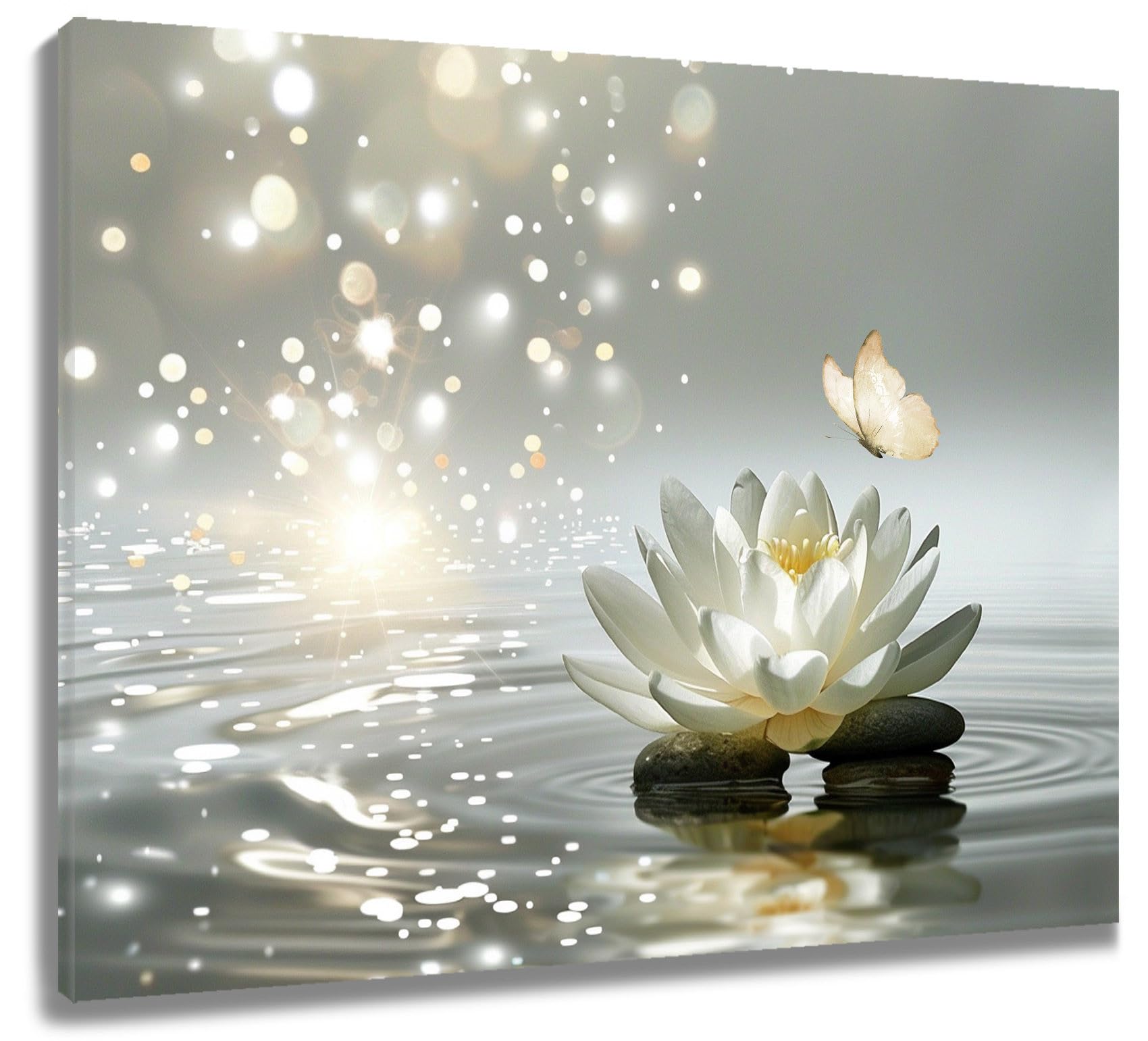 LB Zen Flower Wall Art Waterlily Floral with ButterflyGrey Spa Yoga Relax Canvas Prints Wall Art for Living Room Bathroom Bedroom Dorm Wall Decor,16Wx12H inch Wooden Framed — image 1