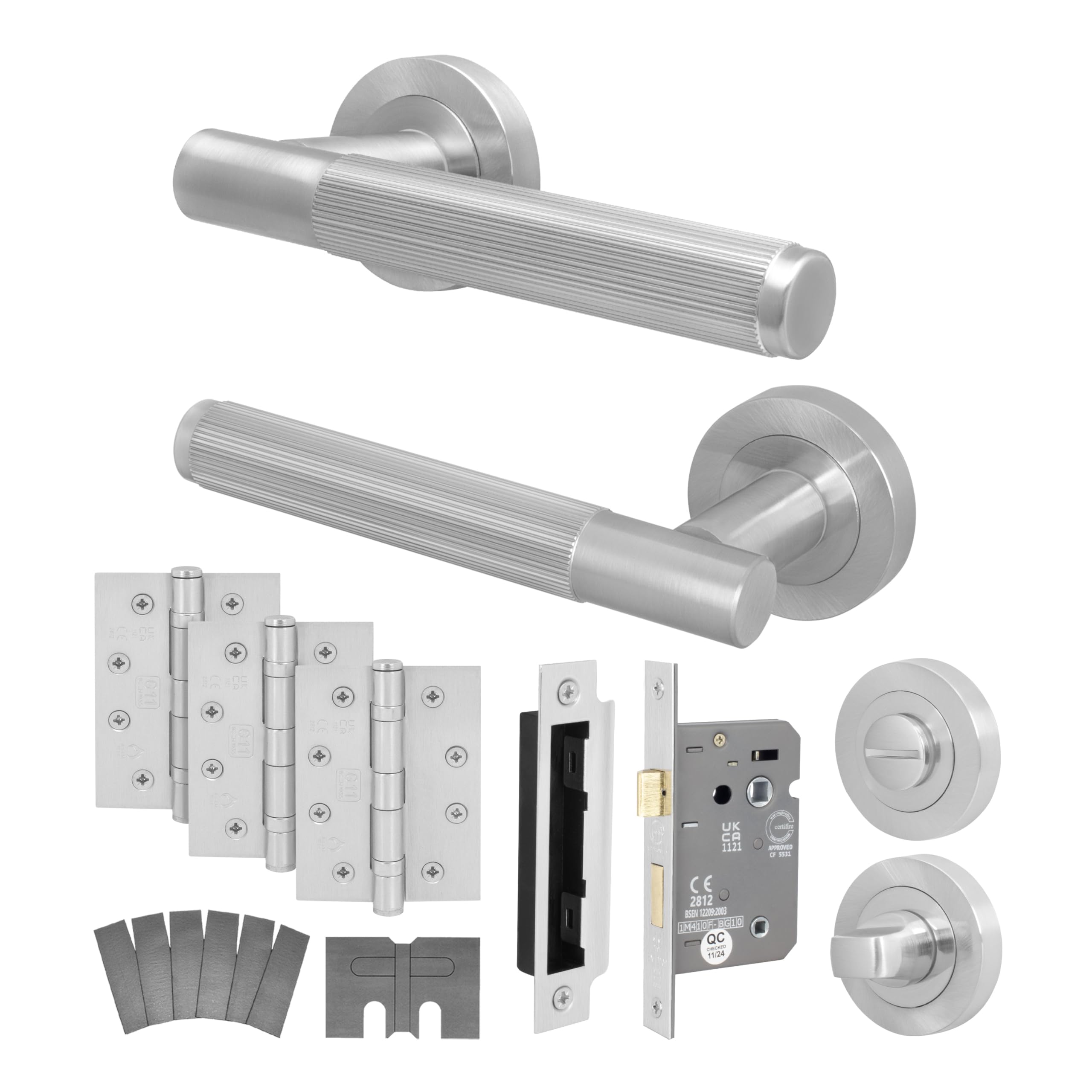 Eai Satin Nickel Satin Fire Door Handle Bathroom Set, Internal Fire Rated Door Handle With 80Mm Bathroom Lock And 102Mm Hinges, Oruro Range 1 Pack