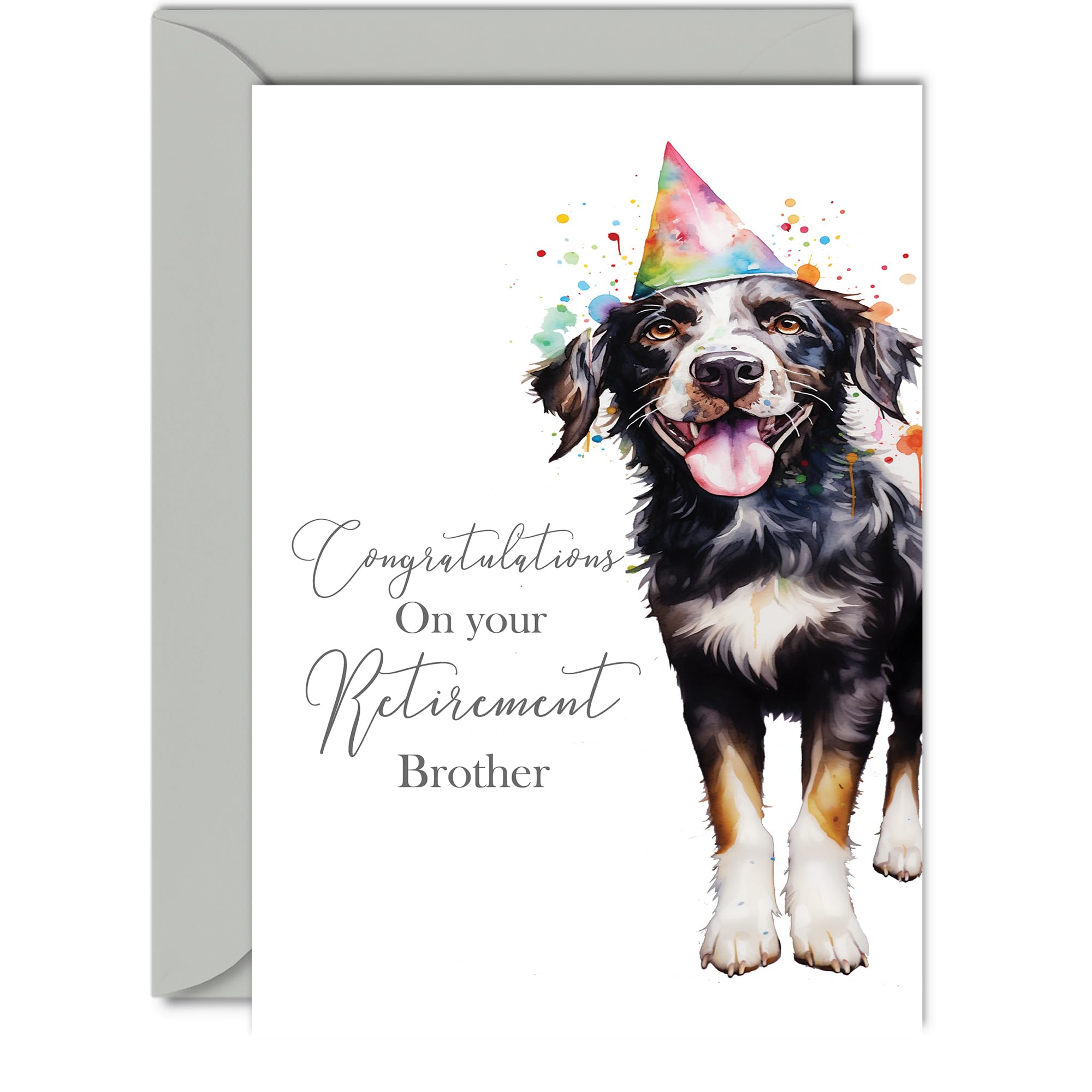 Retirement Card for Brother - Party Dog - Leaving Cards for Brother from Sister Brother, Congratulations on your Retirement, A5 Happy Retirement Card Greeting Cards