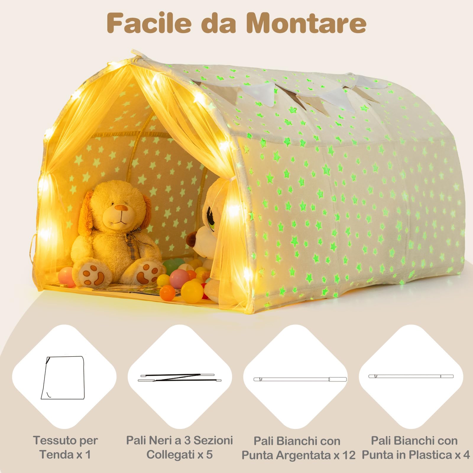 COSTWAY Tenda da Gioco per Bambini,Tenda Letto Cameretta con Stelle Luminose,Tende a Rete, Luci a Filo e Bandiere, Design Pieghevole, per Bambini 3+ Anni, 137 x 101 x 82 cm