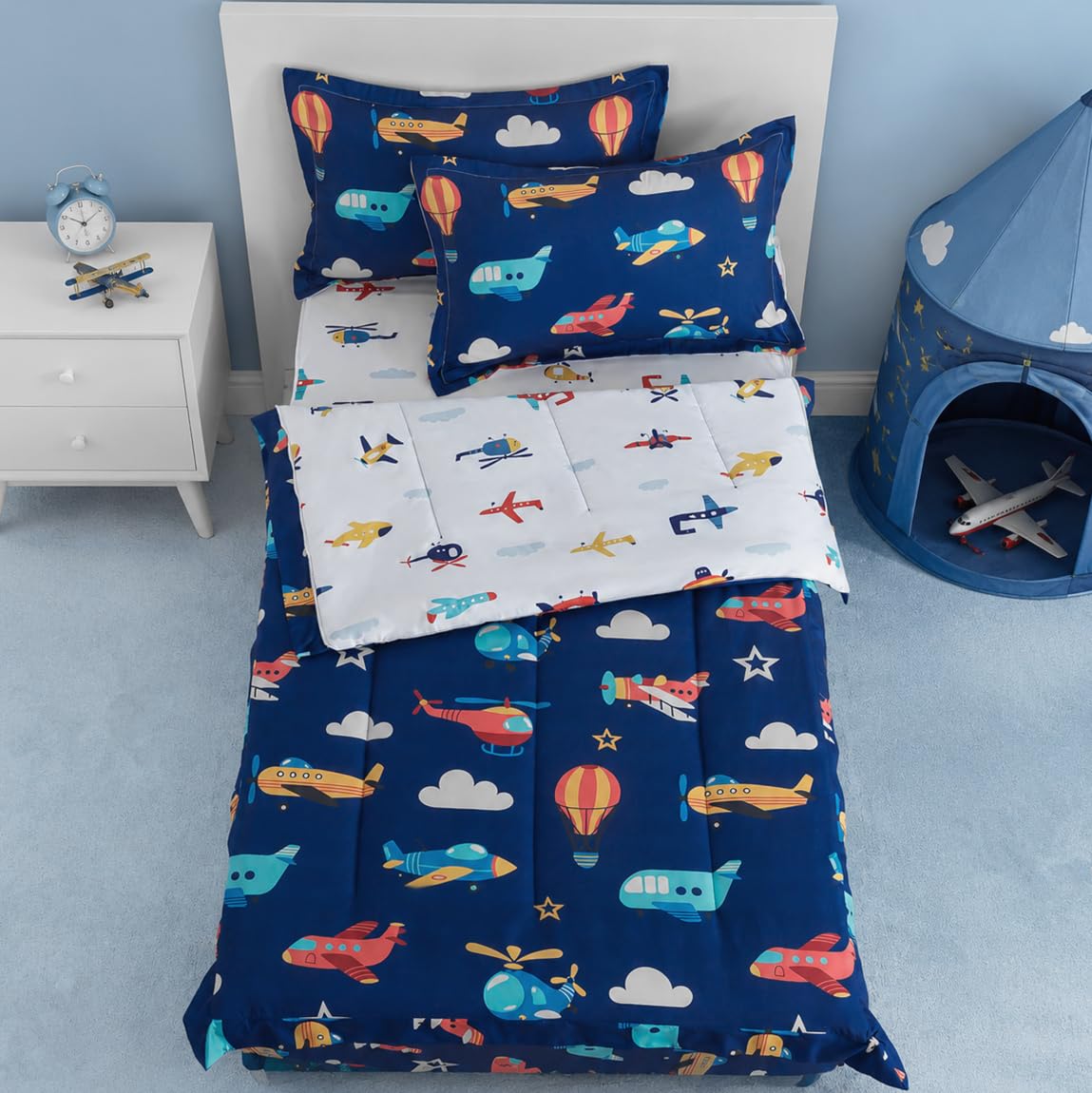 Zipper Bedding Twin for Boys Colorful Airplane Bedding Comforter | 4Pcs Zip Up Bedding Kids Cartoon Plane All in One Zippered Bed Set Soft Microfiber Reversible Bed in Bag with Fitted Sheet-image-38