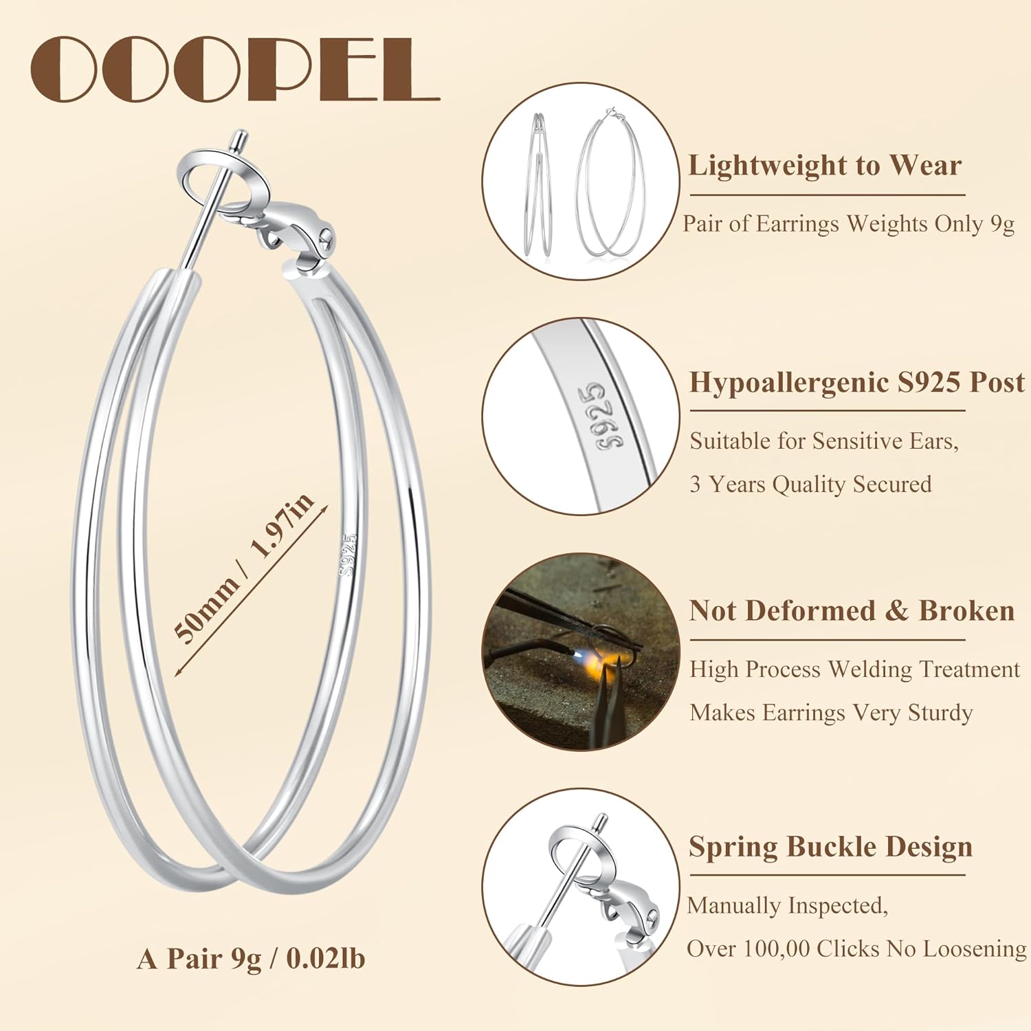 OOOPEL Large Thin Double Hoop Earrings for Women Lightweight Hypoallergenic 925 Sterling Silver Post 14K Gold Hoops Non Tarnish Sturdy Big Thin Double Layered Hoop Earrings 30/40/50/60mm - Image 3