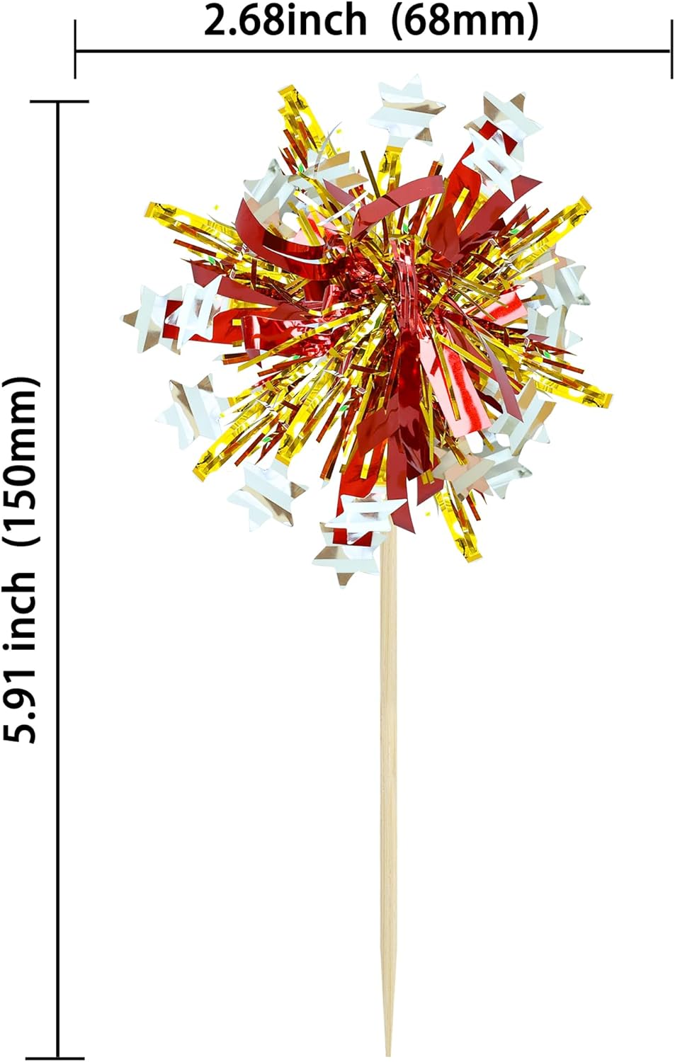 Ephlyn 30Pcs Foil Firework Cupcake Toppers Sparkle Tinsel Cupcake Picks Happy Birthday Cake Decorations Drink Stirrers Cocktail Food Fruit Toothpicks for Baby Shower Graduation Party Supplies Gold Red - Image 2