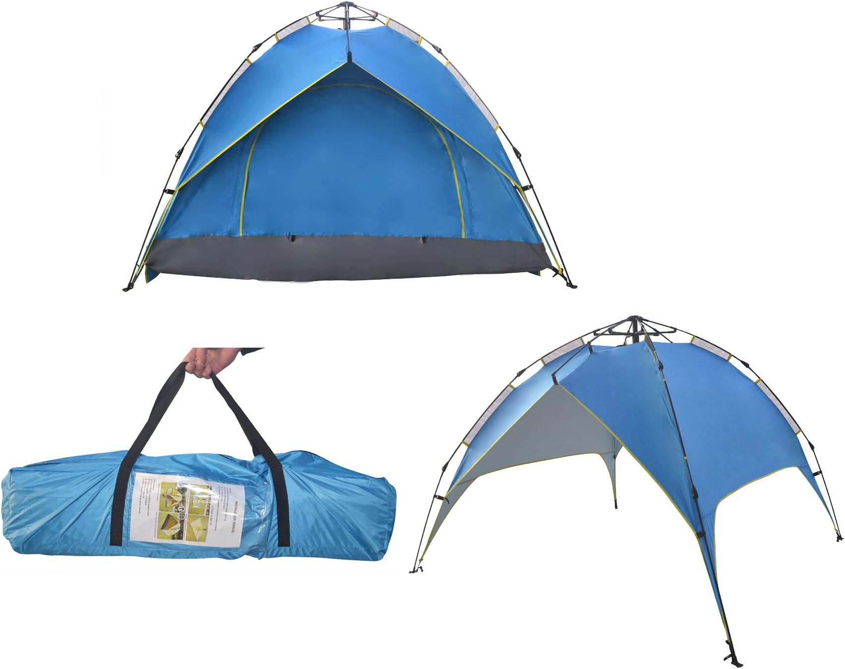 Large 1-4 Person Instant Open Automatic Spring Tents Waterproof for Shelter Outdoor Sports Camping Hiking Travel Beach with Zippered Door and Carrying Bag