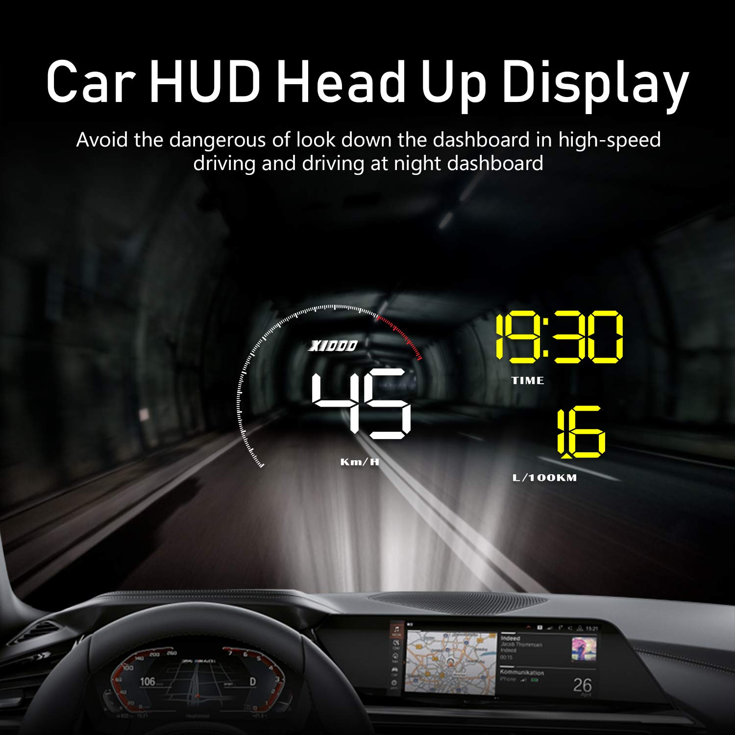 Afficheur HUD pour voiture, Baceyong Car Head-Up Display Projector Digital Speedometer avec écran HD 5,5 pouces Jaune