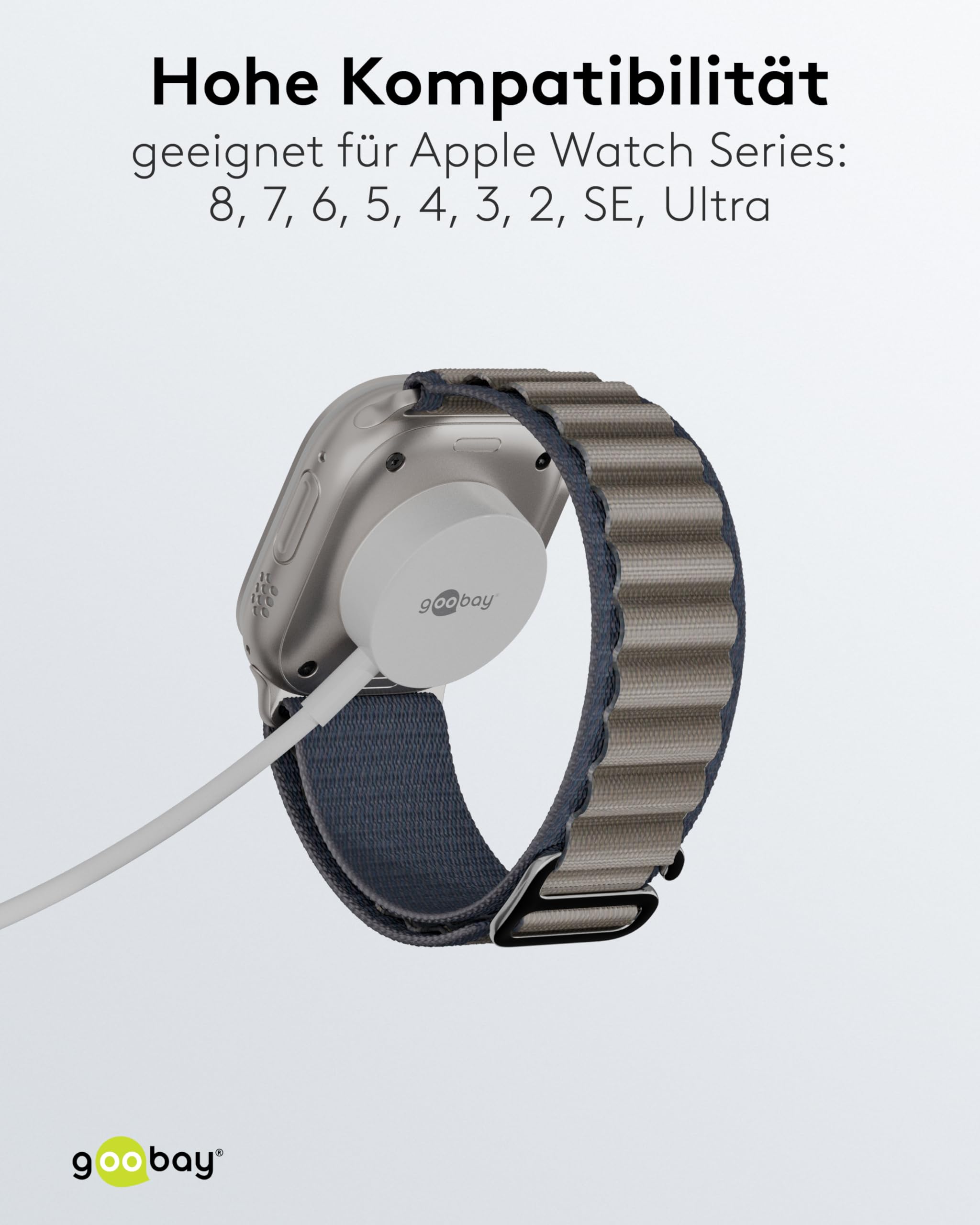 goobay 65343 Ładowarka do zegarka Apple Watch/bezprzewodowa ładowarka/kompatybilna ze wszystkimi modelami Apple Watch SE/8/7/6/5/4/3/2 / w zestawie adapter USB