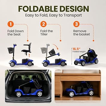 Mobility Scooter for Adults, Senior, 4 Wheels Electric Powered Chargeable Device for Travel, Lightweight Mobility Scooter, with LED Headlights and Basket, Charger Included