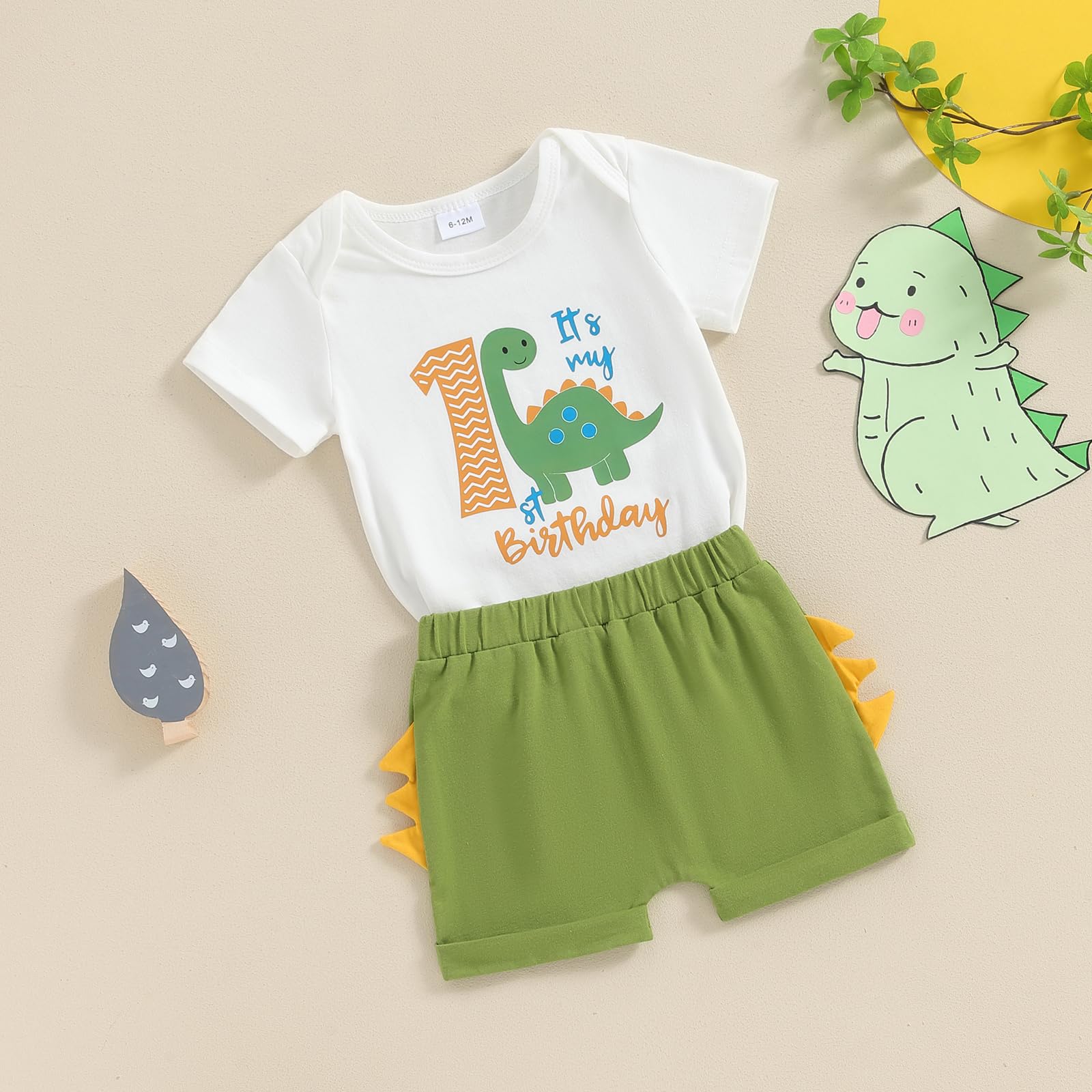 Pybcvrrd Baby Boy 1st Birthday Clothes Dinosaur Print Short Sleeve Romper Shorts Set One Years Old Cake Smash Outfit (Green, 12-18 Months)