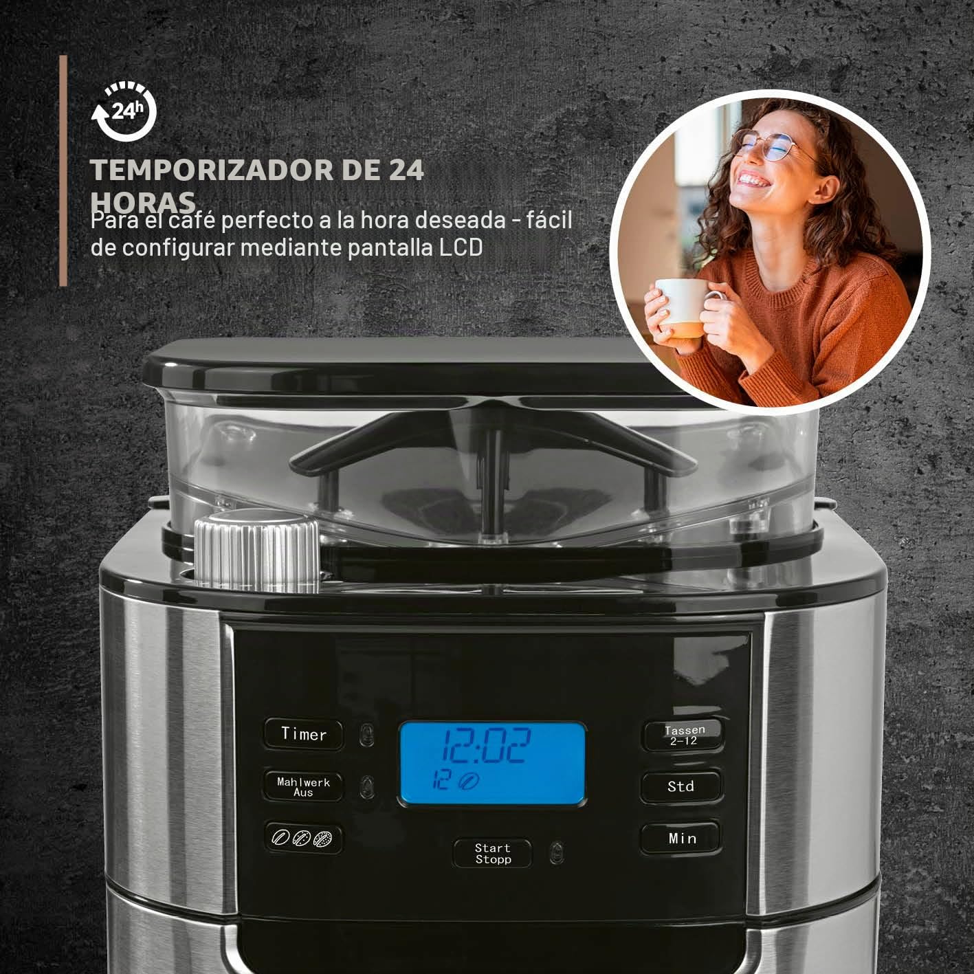 Barista Cafetera de filtro con molinillo ajustable y jarra térmica, función de mantenimiento del calor, temporizador de 24 horas y filtro permanente, para 10 tazas de café