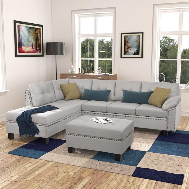 Large Sectional Sofa Set Living Room Corner Sofa L-Shaped Couch with Modern Microsuede Fabric Sectional Sofa Set with
