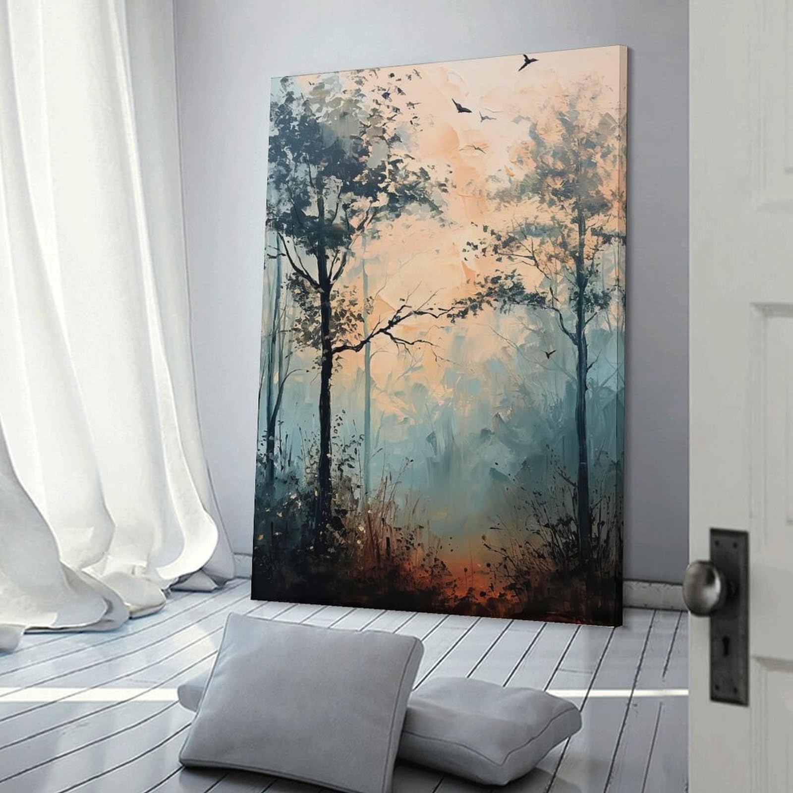Junmoney Frame-Style-2 Canvas Art Print Misty Forest Painting With Birds, 08X12inch(20X30cm), For Contemporary Homes, Apartments Or Offices, Decorative Canvas Decor For Home Updates