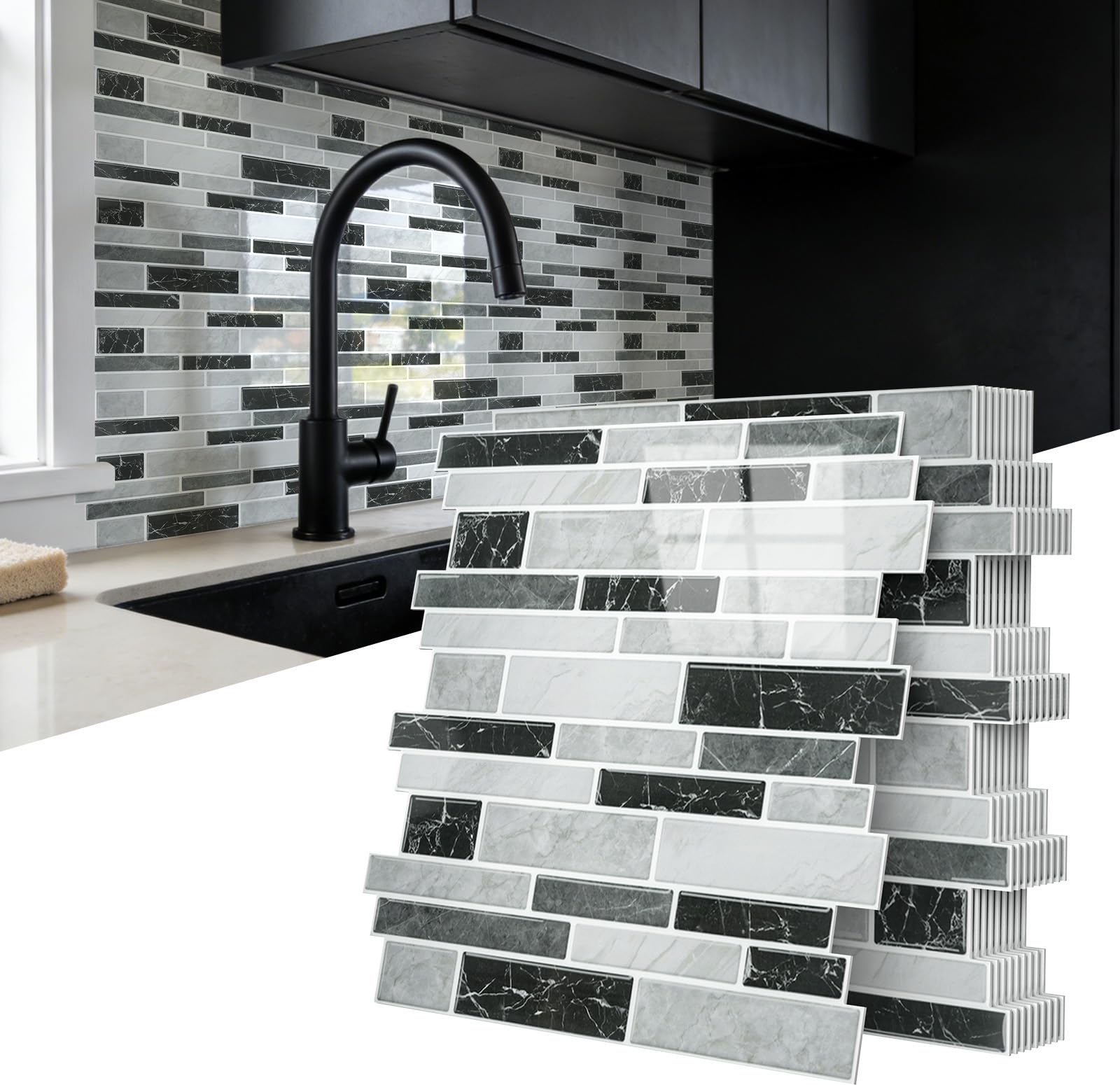 Vieshful 10 Pack Self Adhesive Wall Tiles 30x30cm Peel and Stick Black Grey