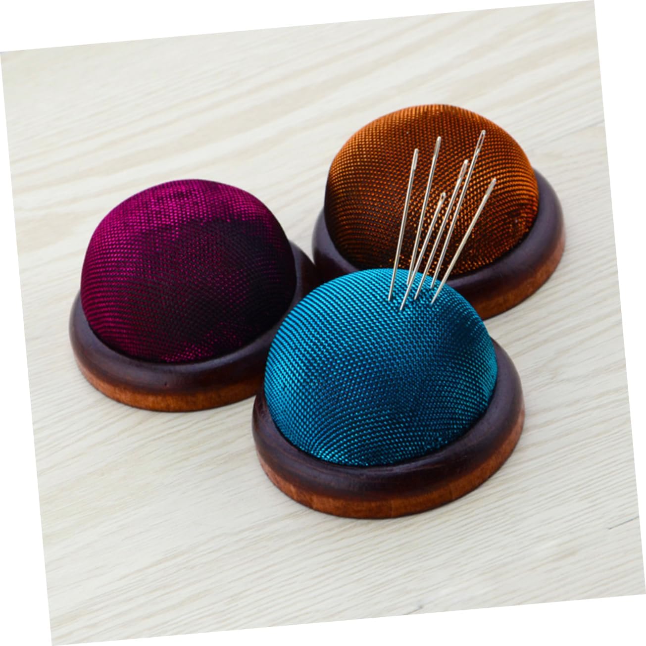 Lurrose 6pcs Wooden Glitter Pin Cushion Stylish Needle Organizer Wooden Base for Sewing Crafting and Projects Red