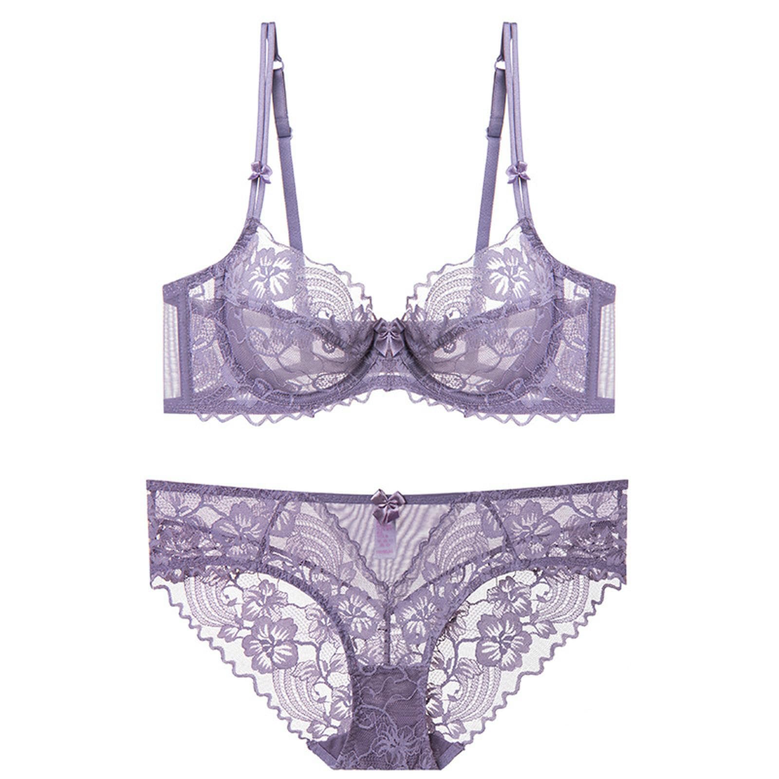Sujetadores Conjunto De Sujetador Estilo Fino Lencería Encaje, Favorecedor Y Adelgazante, Braguita Sexy Francés -Gris Morado-70c