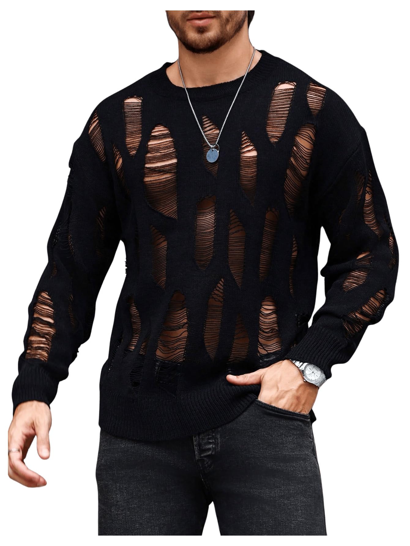 Verdusa Men's Hollow Out Distressed Knit Sweater Top Long Sleeve Pullovers