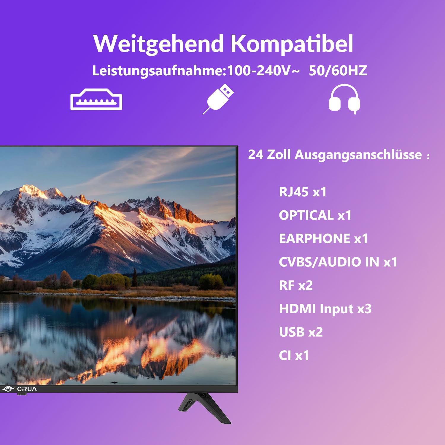 CRUA VIDAA Smart TV,24 Zoll (60 cm) TV,1366x768 HD TV,LED TV mit HDMI/USB/AV IN/Kompakt und Smart für Ihr Zuhause,Schwarz [Energieklasse E]