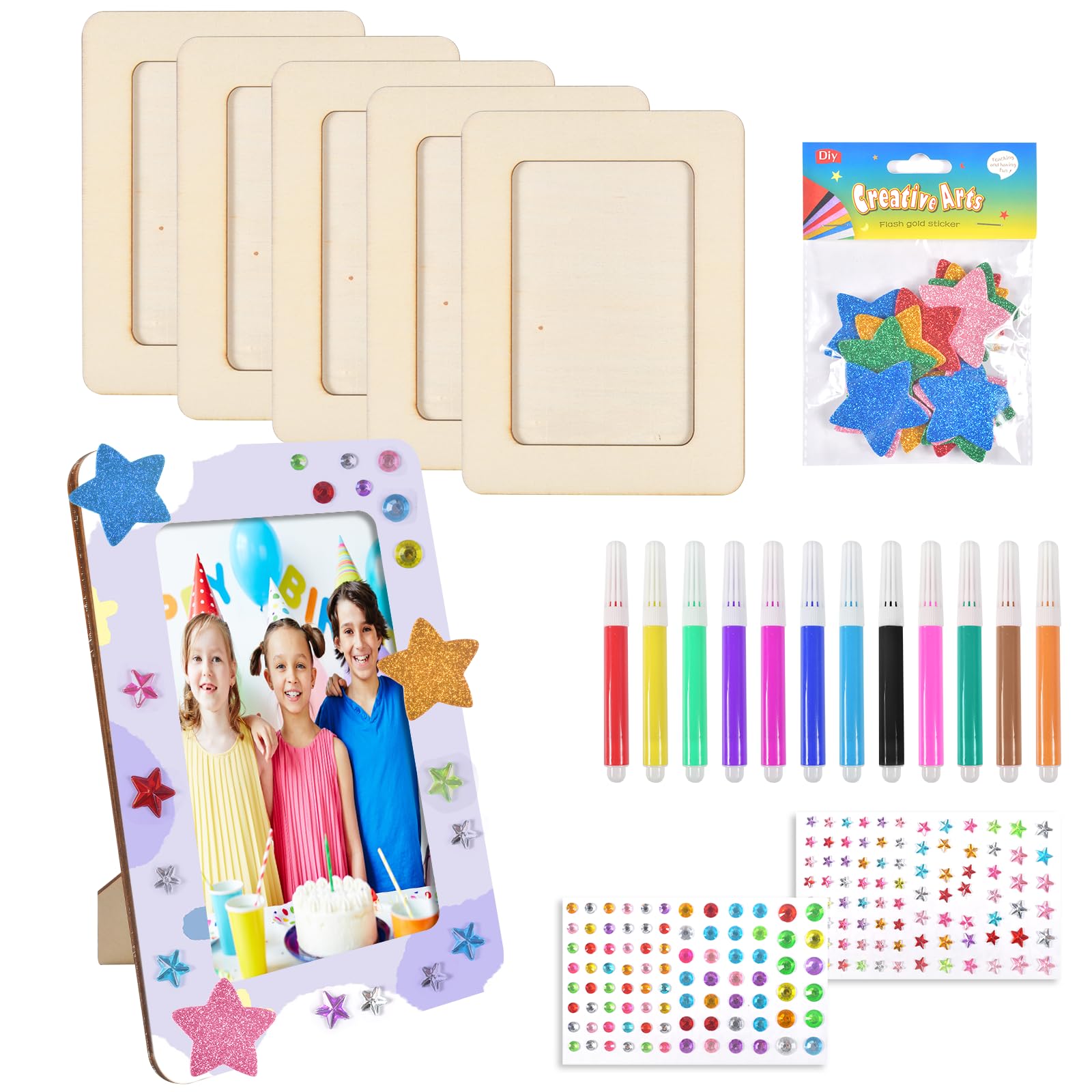 6 Pièces DIY Cadre Photo pour Enfant, Bricolage Cadres Photos, Kits de Cadres Photo en Bois, 15 x 20 cm DIY Cadre Photo Kits avec Autocollant en Forme de Diamant et Crayons de Couleur