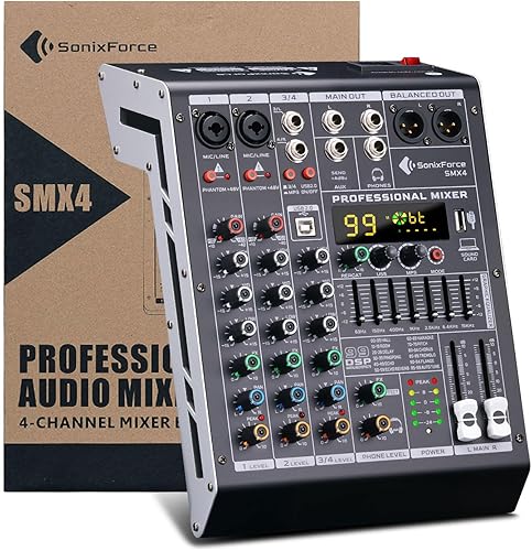 Mezclador de audio de 4 canales, consola de tablero de sonido 99 DSP con alimentación Phantom de 48 V, mezclador DJ profesional para podcasting,