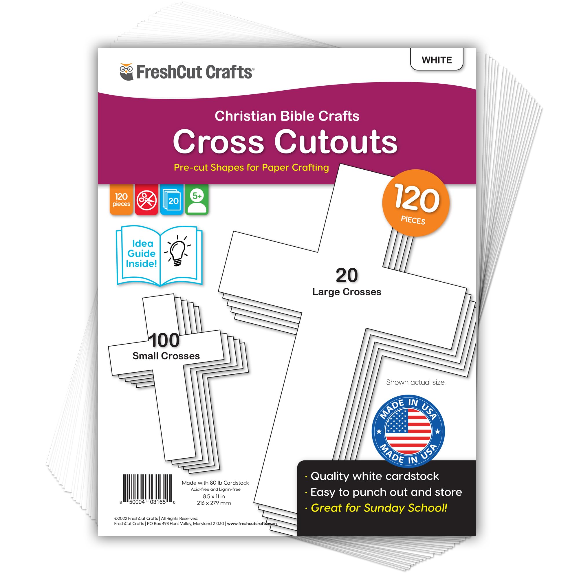 FreshCut Crafts 100 Pieces White Cross Cutouts with IDEA Guide, 2-Sided US Made Card Stock Punch Out Large and Small Crosses for Bible Crafts, Sunday School, Classroom Decor & Faith-Based Activities