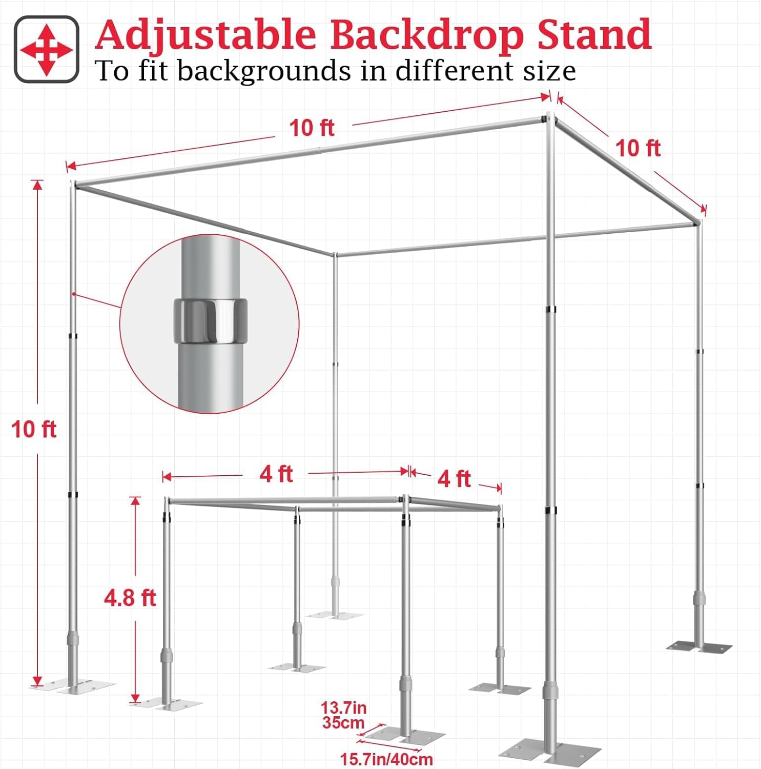 EMART 10ft Square Backdrop Stand Heavy Duty, Pipe and Drape Photo Background Support Kit, Adjustable Metal Frame with Flat Base for Wedding Birthday Party Decorations