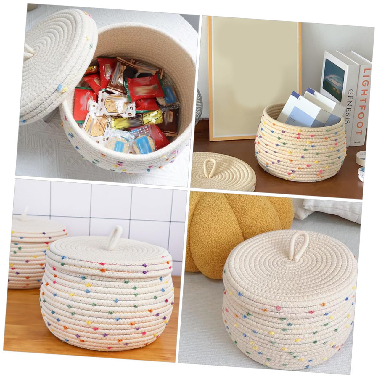 TOYANDONA Cestino Porta Uova Design Semplice e Funzionale in Corda di Cotone Intrecciata con Coperchio, Organizer da Scrivania Versatile e Delicato la Casa