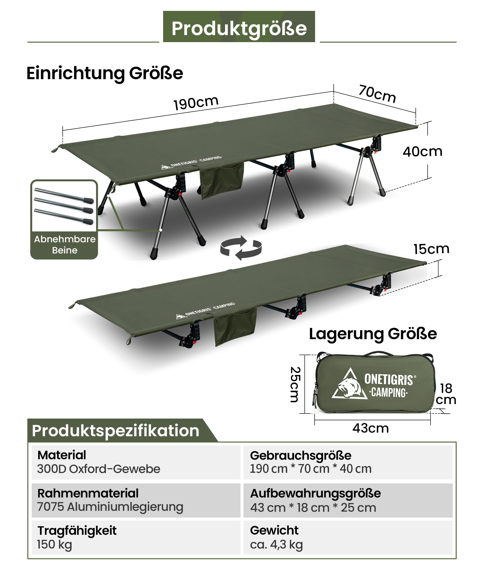 OneTigris SUPRANUBIS Cama plegable de 190 × 70 cm, cama de camping portátil plegable ligera, cama plegable de camping de hasta 150 kg para tienda de campaña, exterior, viajes, jardín, oficina