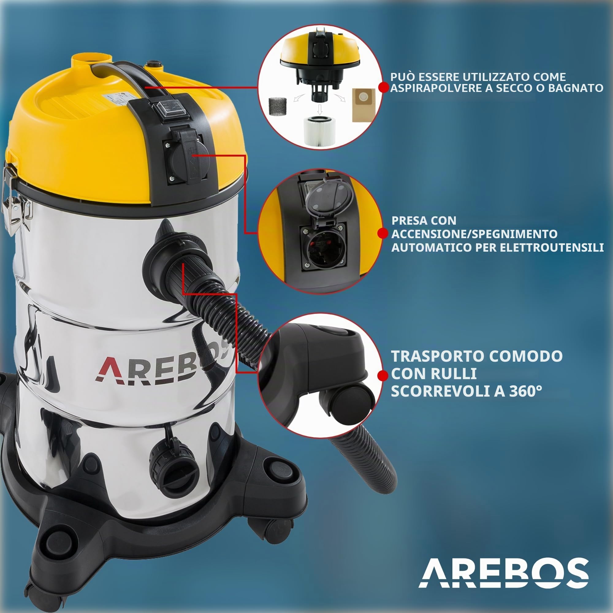 AREBOS Aspirapolvere industriale 1300 W secco e umido 30 L | Bidone aspiratutto e aspiracenere | Adatto per polvere, liquidi e pulizia auto | Giallo