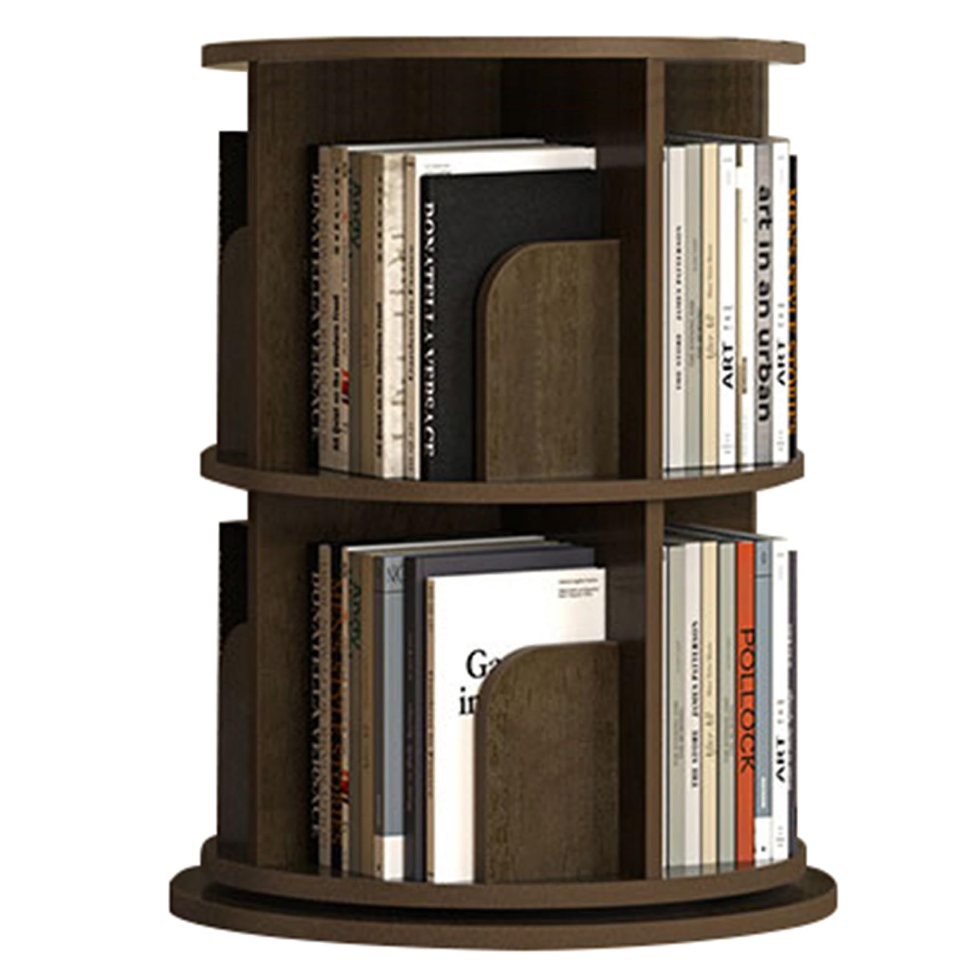 ASerZenith 360 Rotating Corner Bookshelf Storage Rack For Small Spaces Floor Standing Narrow Bookcase Organizer For Bedroom Or Living Room 3 Tier Display Shelf (Walnut 2Tier)