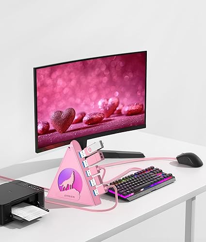 Vista 4 de 7 puertos USB 3.0, Hub USB Howling Wolf Pink – Cable de 2 pies de largo, expansor de concentrador USB vertical compatible con PC, laptop, unidad Rosa