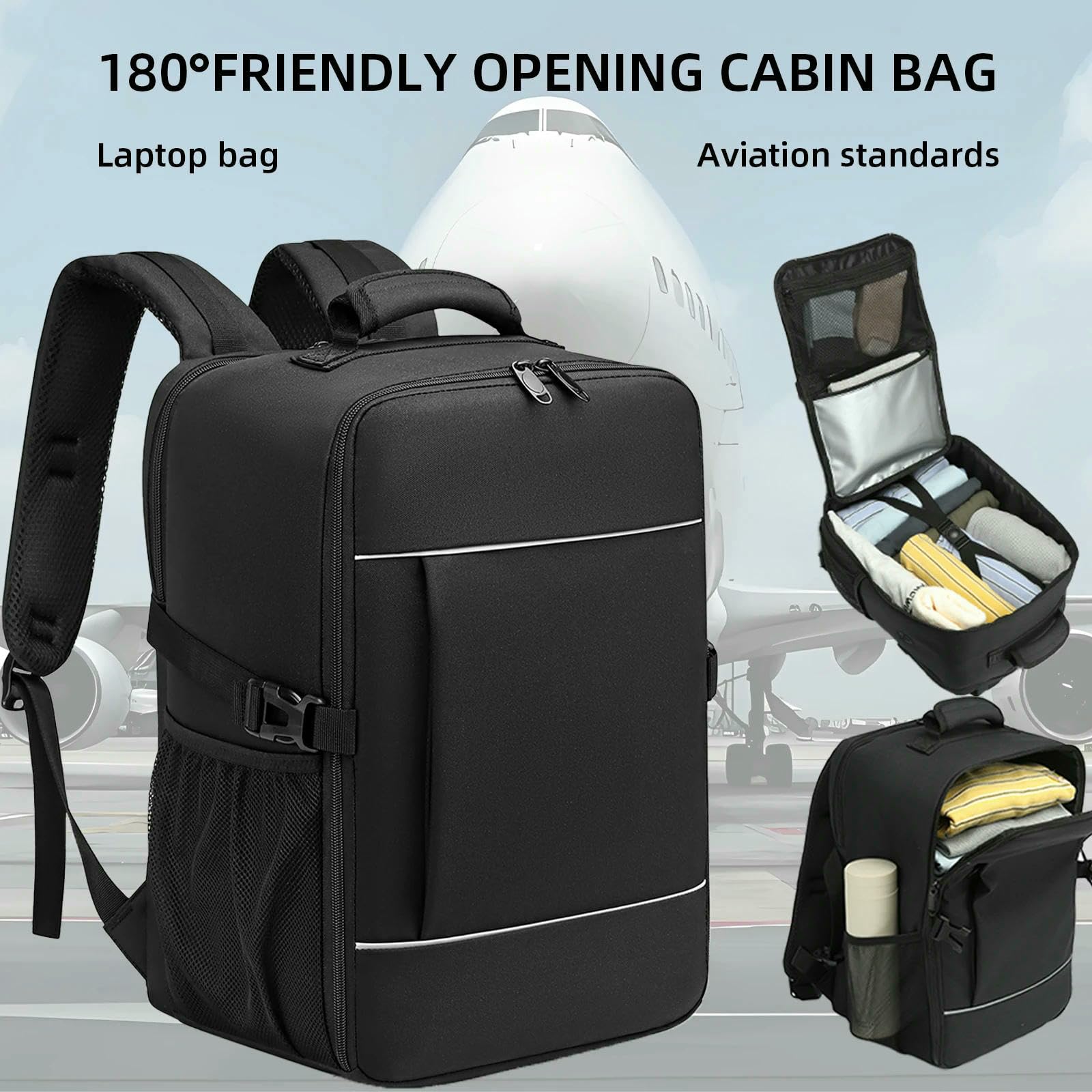 Zaino di Cabina 40x20x25 Borsa Viaggio con Riflettente Unisex Bagaglio A Portata Scomparto per Laptop-nero-15 Pollici