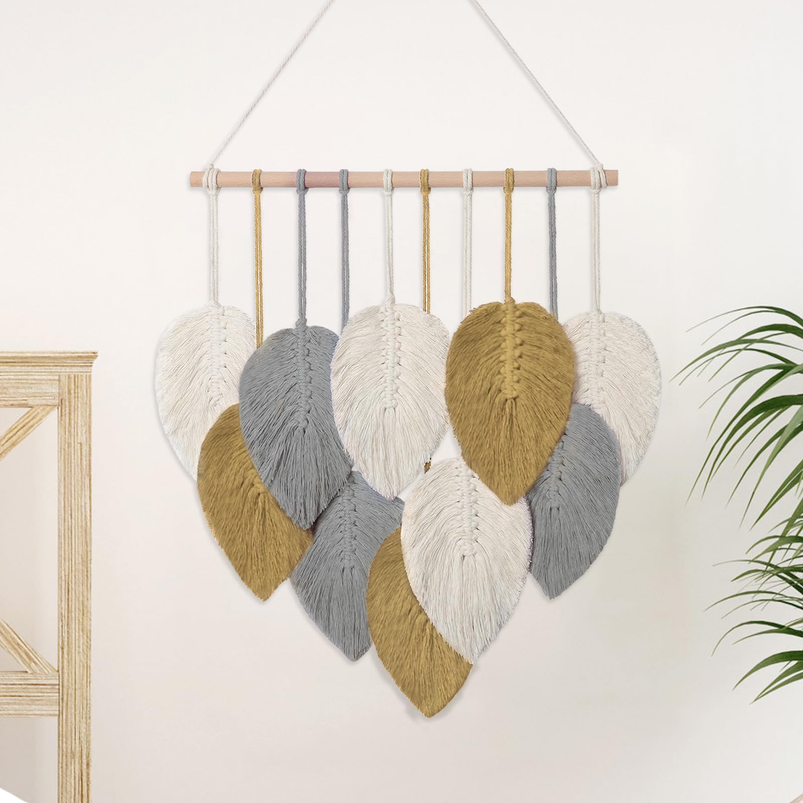 Tenture Murale Macramé Feuilles - Décoration Bohème En Coton, 80x40 Cm, Pour Chambre, Salon, Cadeau