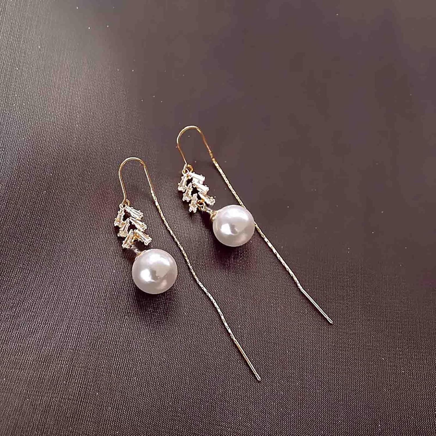 Boho Pearl Dangle Earrings Crystal Threader Drop Earrings Gold Ear Line Earrings Jewelry for Women and Teen - Image 4