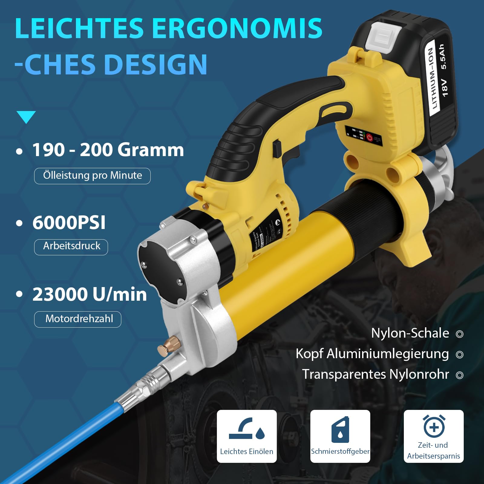 ASUNCELL ingrassatore a batteria da 18V, kit con 2 * 5500mAh batterie e caricabatterie, motore senza spazzole da 8000 PSI, 18 Volt, batteria agli ioni di litio per veicoli e macchina