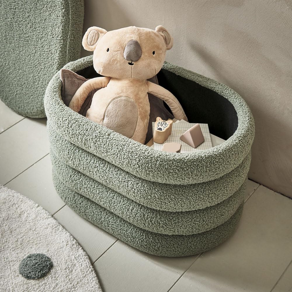 Petite Amélie Sitzhocker mit Stauraum Ted – Olivegrün - Teddy-Stoff - Pouf und Aufbewahrungsort in einem