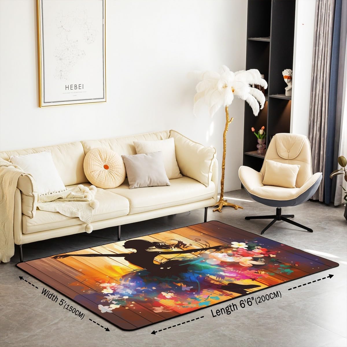 Feelyou Dance Area Rug 3x5 Ballet Princess Dancer Living Room Rugs for Kids Boys Girls Colorful Flower Decorative Carpet Ballet Dance Theme Indoor Floor Mat Accent Rug