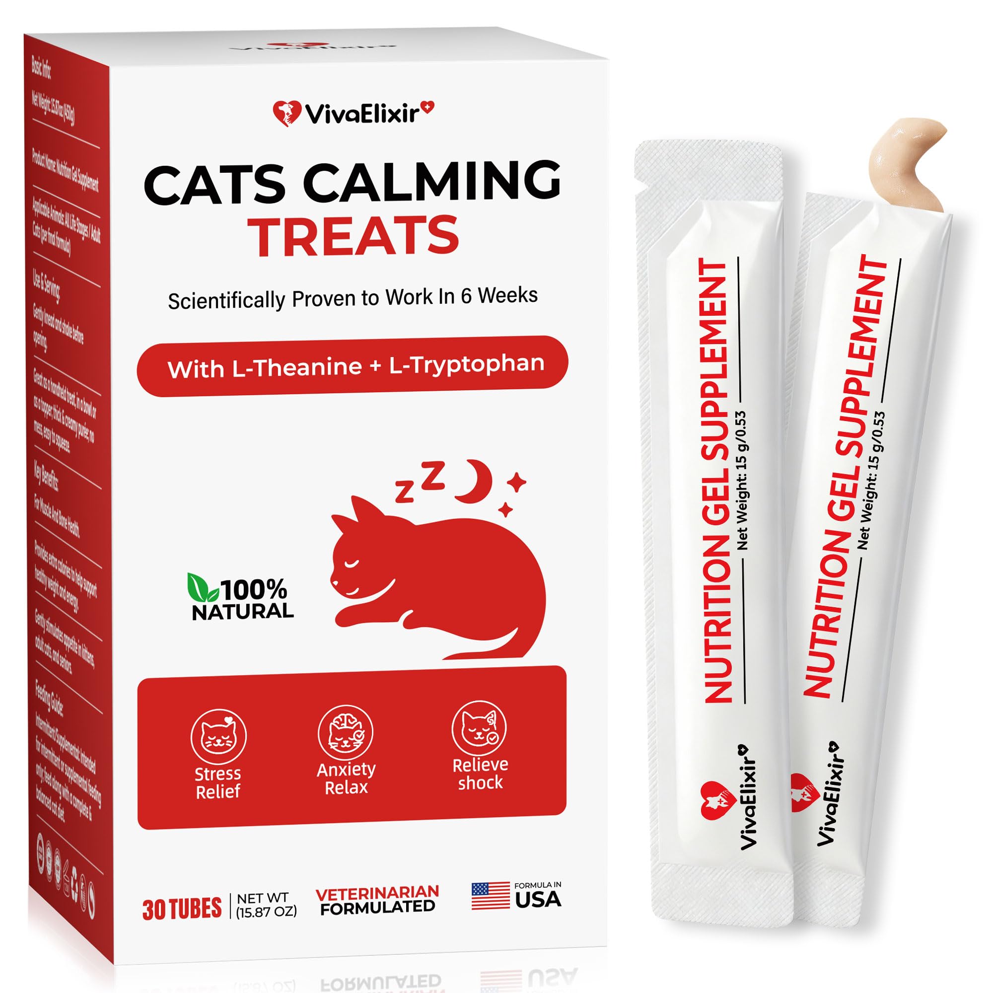 Cat Calming Treats – Natural Stress, Anxiety & Shock Relief for Cats – Featuring L-Theanine, L-Tryptophan & Catnip – 100% Veterinarian Formulated, 30 Likable Gel Tubes for Quick Calm & Relaxation