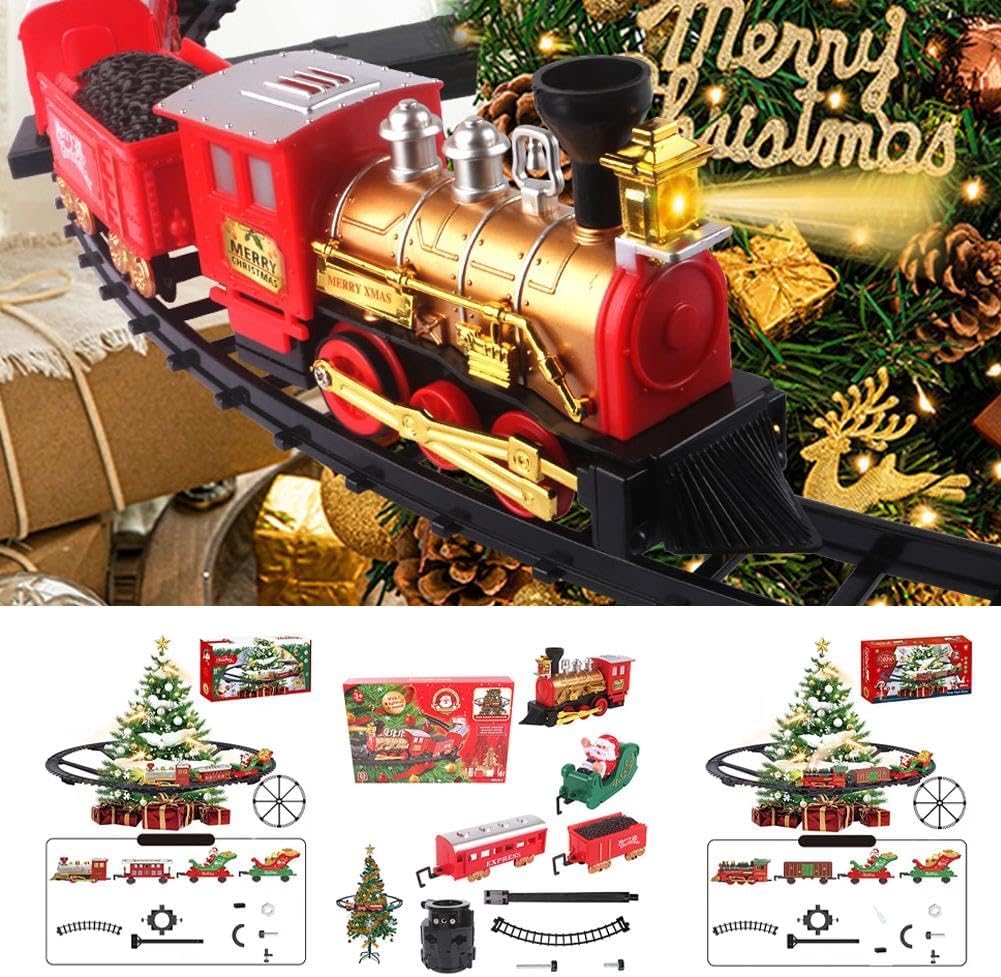 Christmas Train Set Around The Tree, Hanging Christmas Train Set with Light Spray Music, Lighted Trains Sets Around Under The Xmas Tree Home Festive Decoration, Gifts for Kids, (Trees Not Included)