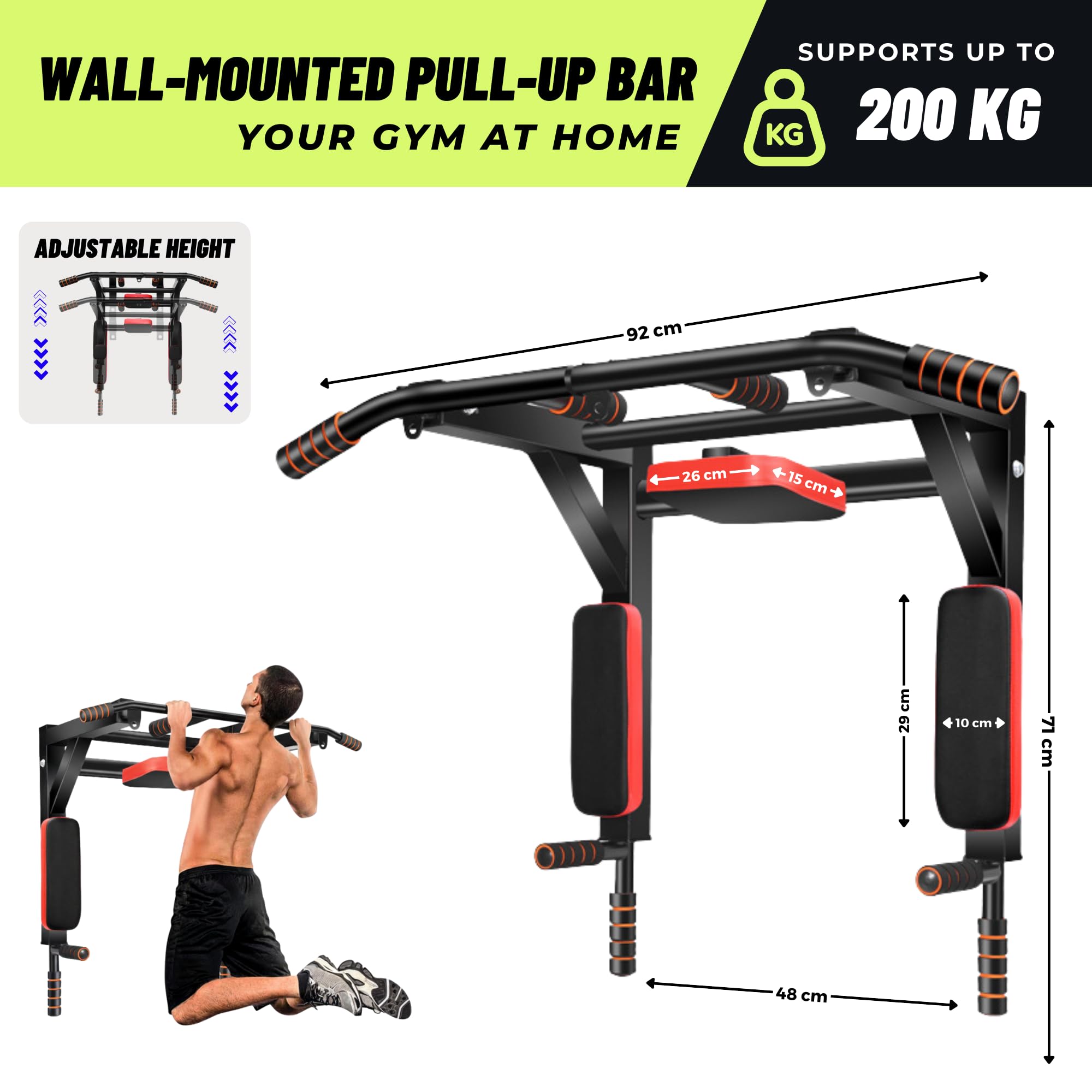 Barre de Traction à Montage Mural. Multifonctionnelle, Station. Dip pour Gym en Intérieur à la Maison.Power Tower Set Equipements d'Entrainement avec Support Multi-prises, Supporte jusqu'à 200 kg.