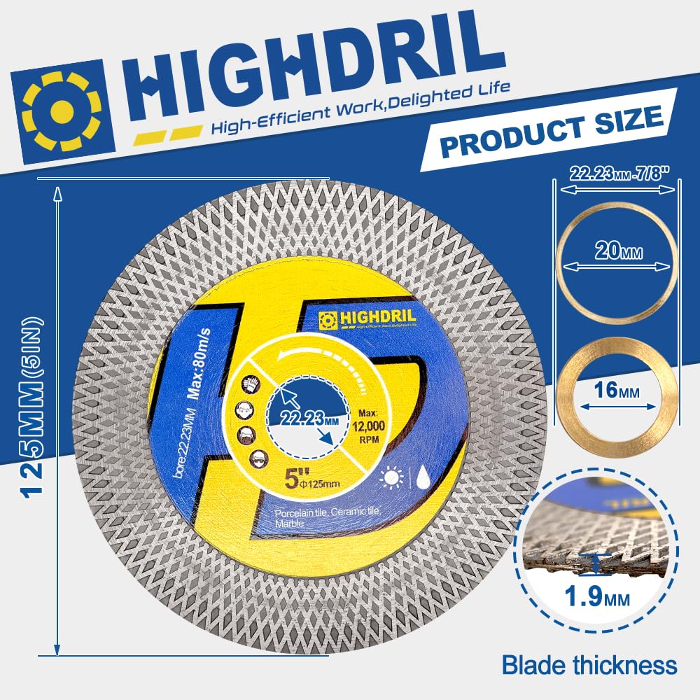 HIGHDRIL Tarcza diamentowa do płytek, 5 szt. tarcza tnąca 125 mm do cięcia na sucho/mokro i szlifowania porcelany, granitu, marmuru, ceramiki, sztucznego kamienia