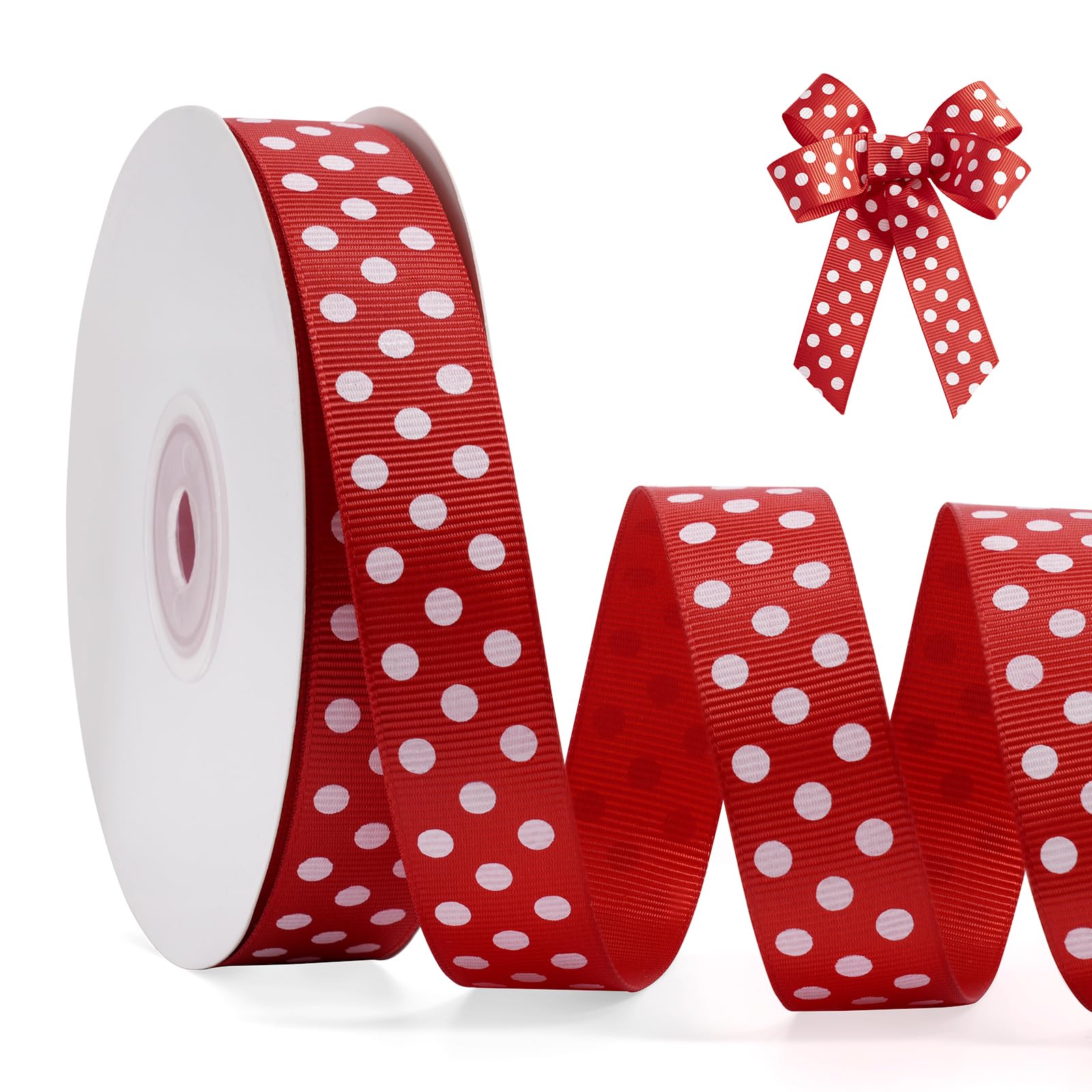 FAKILO Polka Dot Grosgrain Ribbon 3/4 Inch, 25 Yards Spool Red and White Dot Craft Ribbon for Christmas Gift Wrapping DIY Crafts Hair Bows Sewing