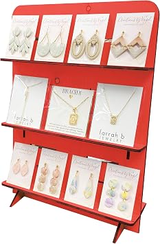 TORCHED DISPLAYS Jewelry Holder Necklace Organizer | Earring Display Stands for Selling | 3-Tiered Wooden Jewelry Holder Stand for Shops, Boutiques, Festivals | Display Rack Wood Stand | Red