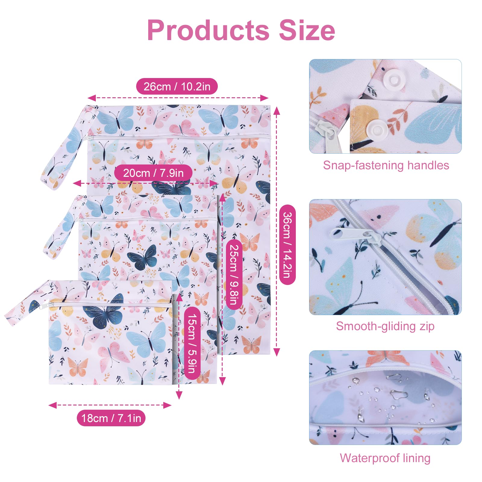 Iridsmole 3 PCS Wet Bags, Travel Laundry Bags, Waterproof Dirty Clothes Bag for Swimming Cloth Nappy Wet Bag with Zipper - Image 2