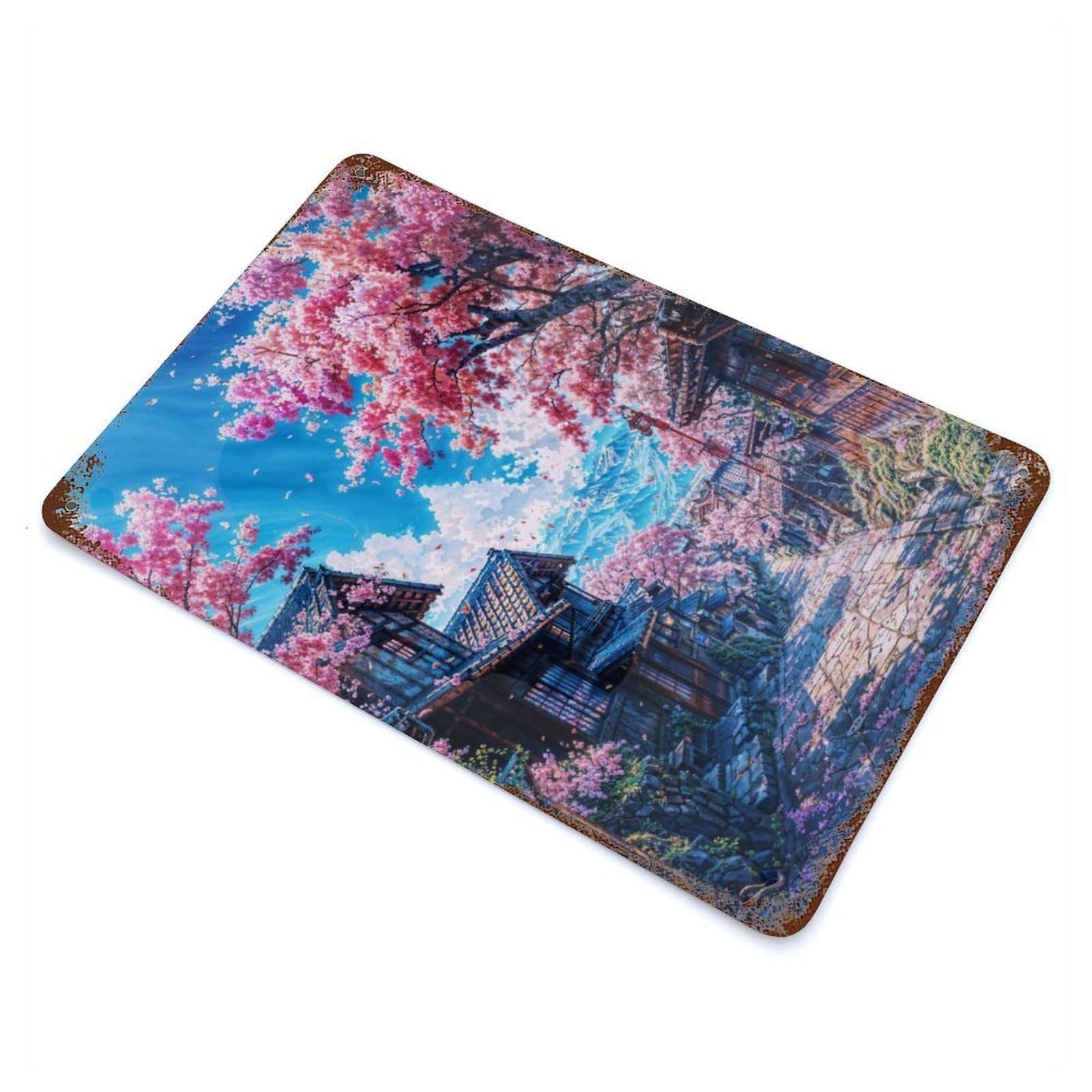 Cherry Blossom Village Weathered Tin Sign 11.8"x7.9", Classic Wall Plaque for Patio, Garden Room And Bar Decor