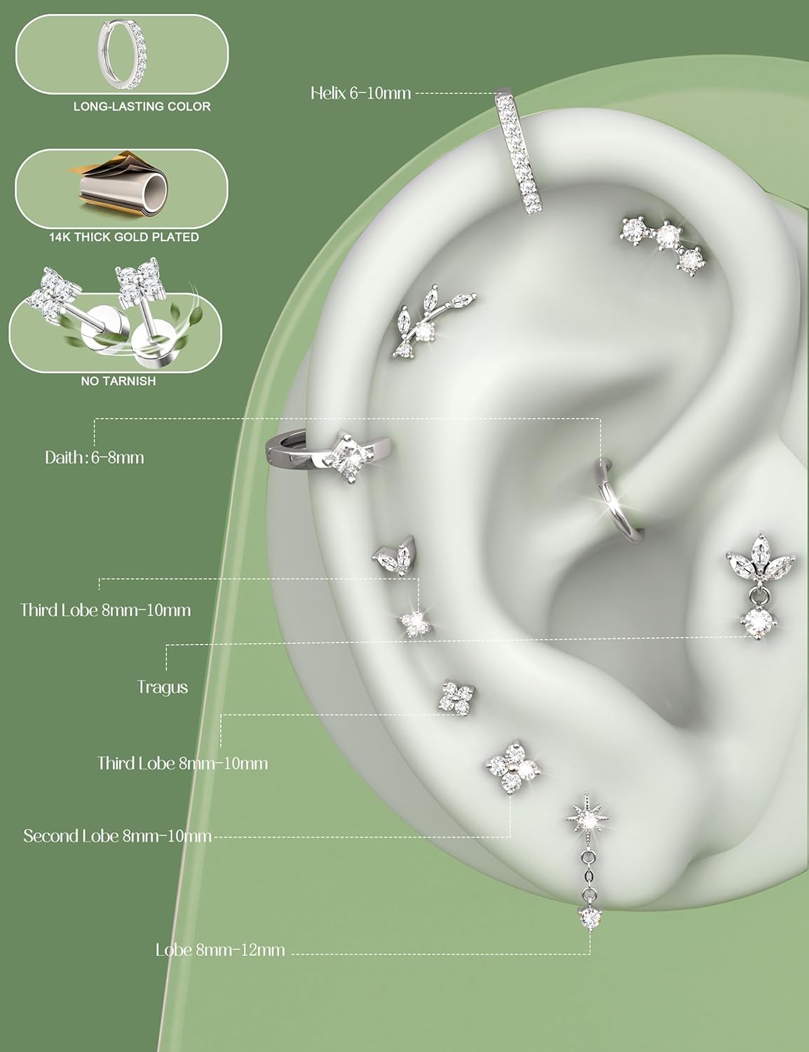 ORAZIO 16 Gauge Cartilage Earrings for Women Flat Back Hypoallergenic Surgical Steel Small Flatback Stud Hoop Cartilage Earring Stack Set Daith Conch Tragus Helix Piercing Jewelry Single PC - Image 3