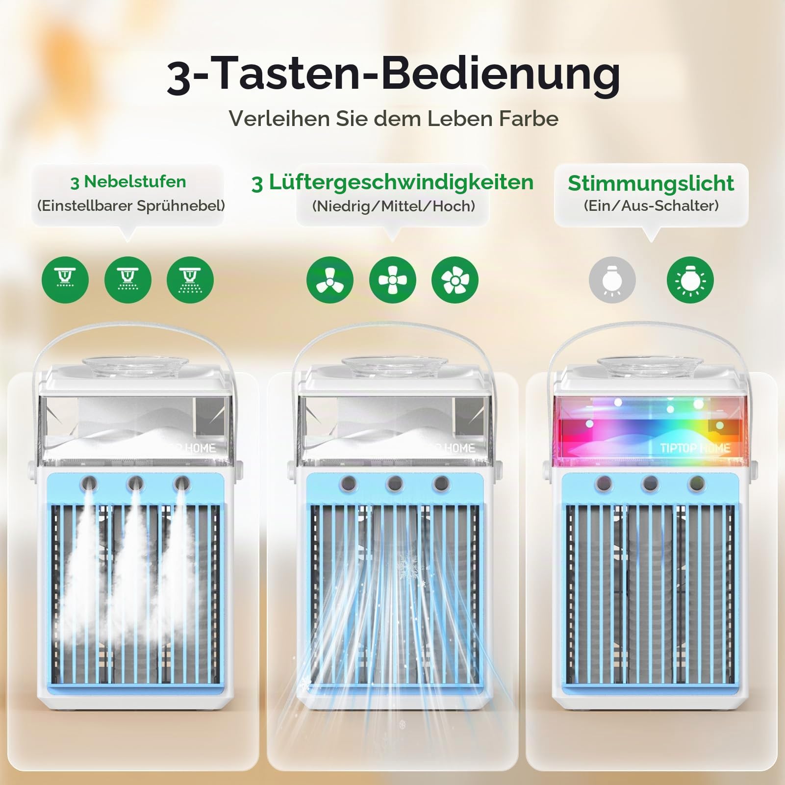 Mobile Klimaanlage, 5 in 1 Mini Klimagerät mit App-Steuerung, Persönlich Ventilator mit 800ml Wassetank, 3 Geschwindigkeiten, 3 Nebelmodi, Tragbarer Klimaanlage für Zimmer Büro