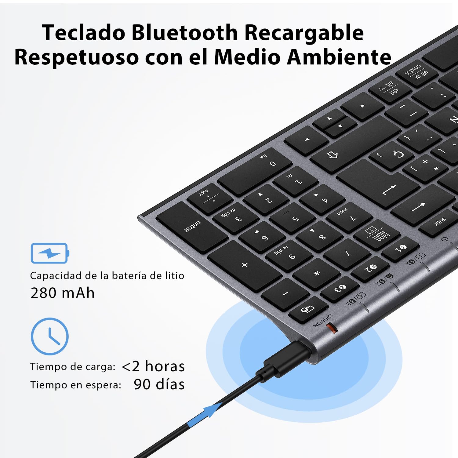 iClever Teclado Bluetooth BK10, Inalámbrico QWERTY Español Teclado Multi Dispositivo Recargable Diseño Ergonómico Tamaño Completo Conexión Estable Teclado para Mac/iPad/Windows Negro Grisáceo