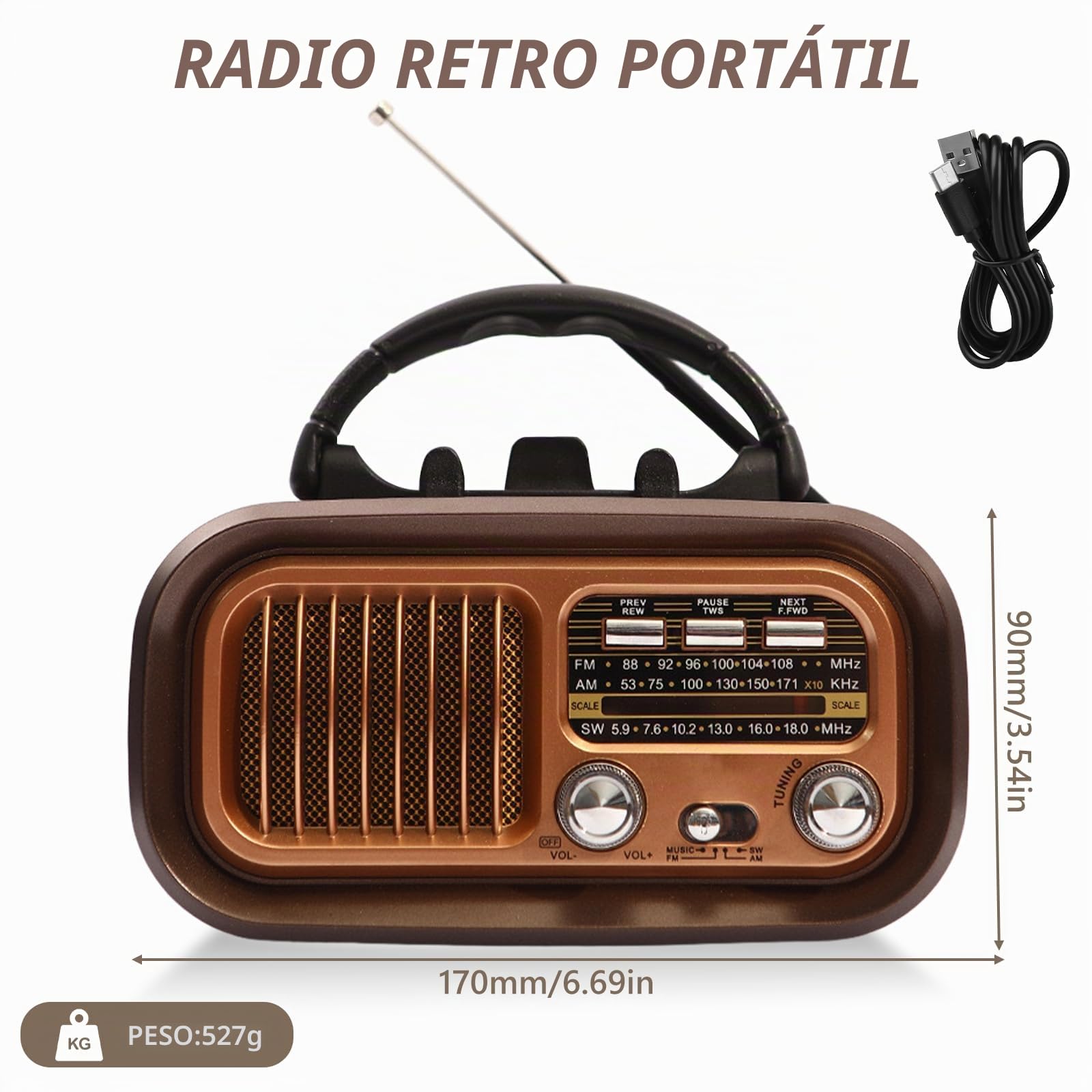 Radio retro con Bluetooth, AM/FM/SW Retro Radio Pequeño Solar Altavoz Bluetooth portátil con batería de 1200 mAh, compatible con USB/TF, radios vintage para el hogar, la oficina, el exterior
