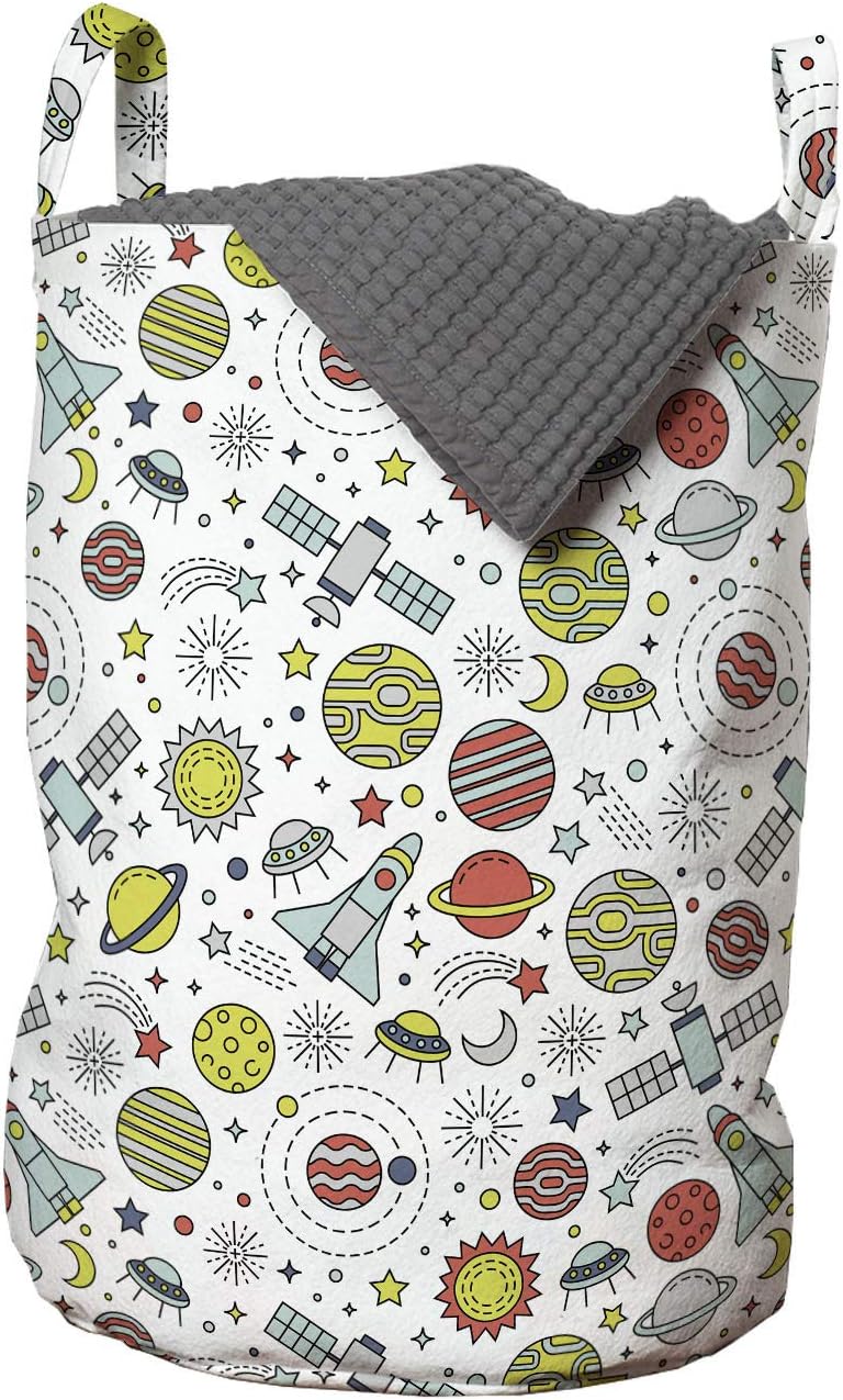 Ambesonne Spaceship Laundry Bag, Colorful Design of Cosmos with Orbiting Moons Doodle Style Rockets and Satellites, Hamper Basket with Handles Drawstring Closure for Laundromats, 13" x 19", Grey White