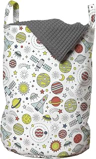Ambesonne Spaceship Laundry Bag, Colorful Design of Cosmos with Orbiting Moons Doodle Style Rockets and Satellites, Hamper Basket with Handles Drawstring Closure for Laundromats, 13" x 19", Grey White