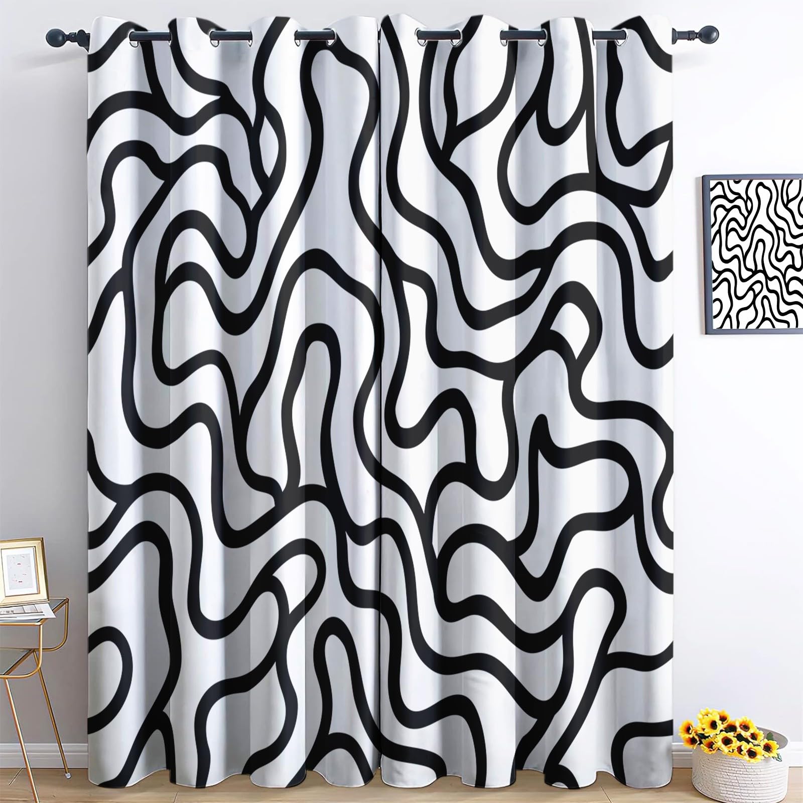XCQHZYQ Eyelet Blackout Curtains Geometry Black Lines, Print Kids Blackout Curtains Thermal Room Darkening Window Drapes for Boys Girls Teen Bedroom Playroom, 2 Panels, W46 x L54 inch